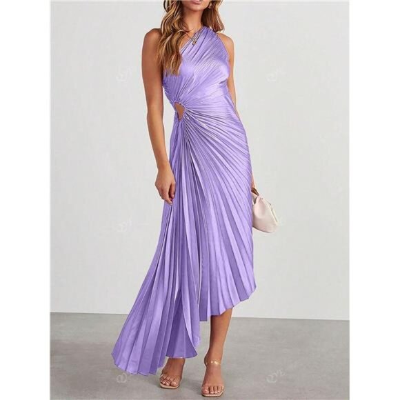 NEW‎ - Elegant Purple Asymmetric Shoulder Cutout Pleated Swing Dress - Picture 1 of 8